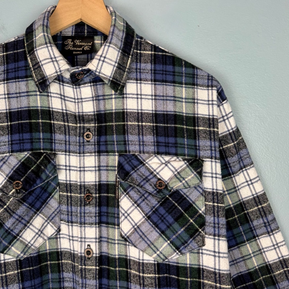 Vermont Flannel Co Mens Small Blue Green White Plaid Button Up Long Sleeve Shirt